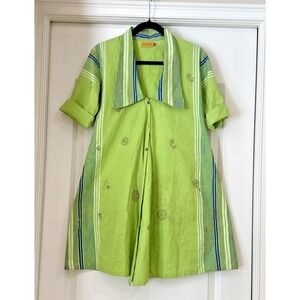 Benares Green Floral Tunic Dress Sz M Long Collar Button Up Art to Wear Disco **